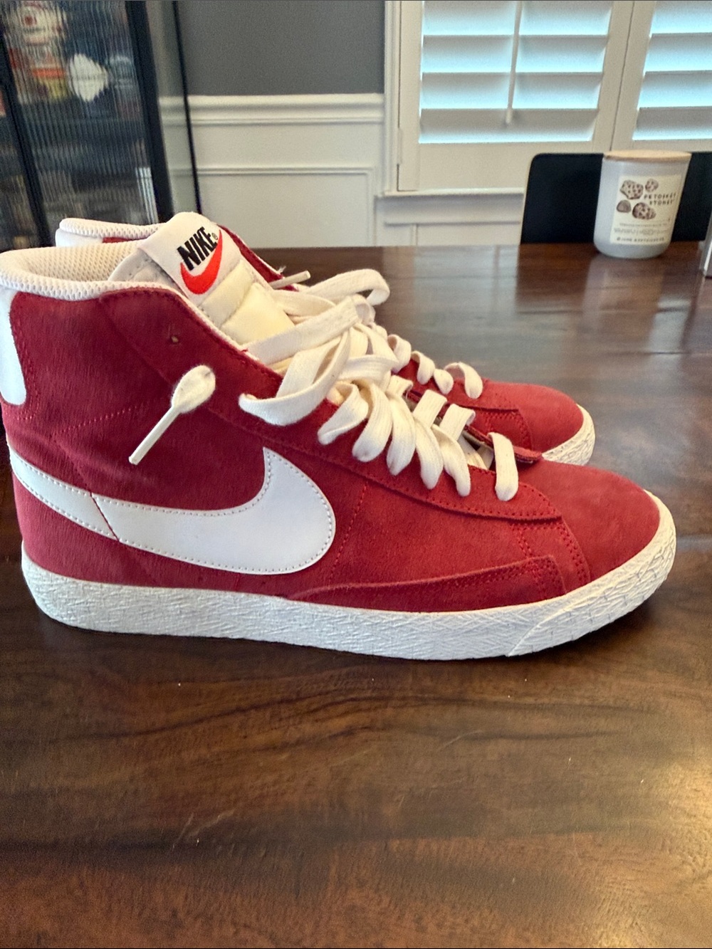 Nike Red Suede High-Top Sneakers with White Swoosh